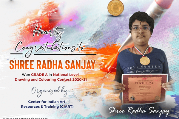 Shree Radha Sanjay won GRADE A at National Level Drawing and Colouring Contest 2020-21